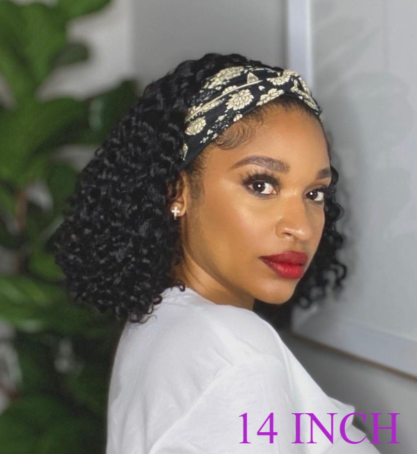 ?Natural Black Curly Headband Bob Wig