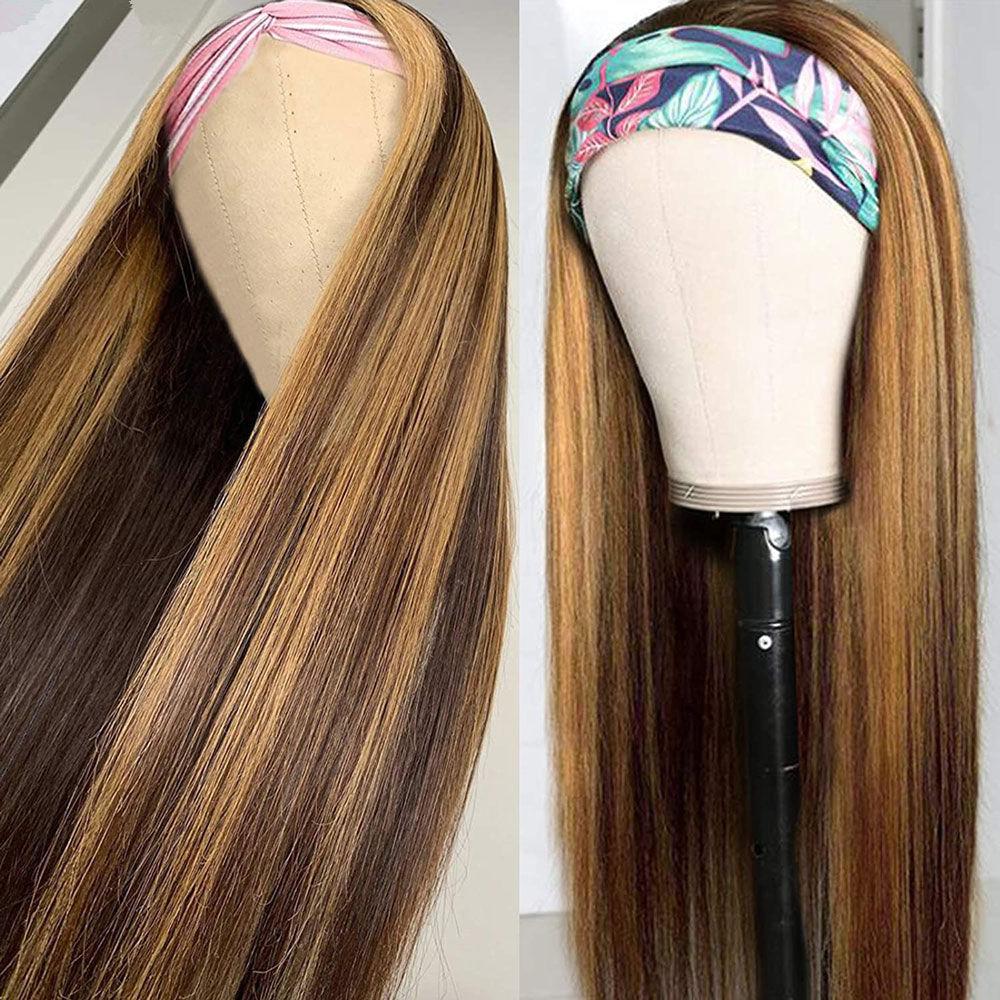 Brown Mixed Gold Long Straight Hair Headband Wig