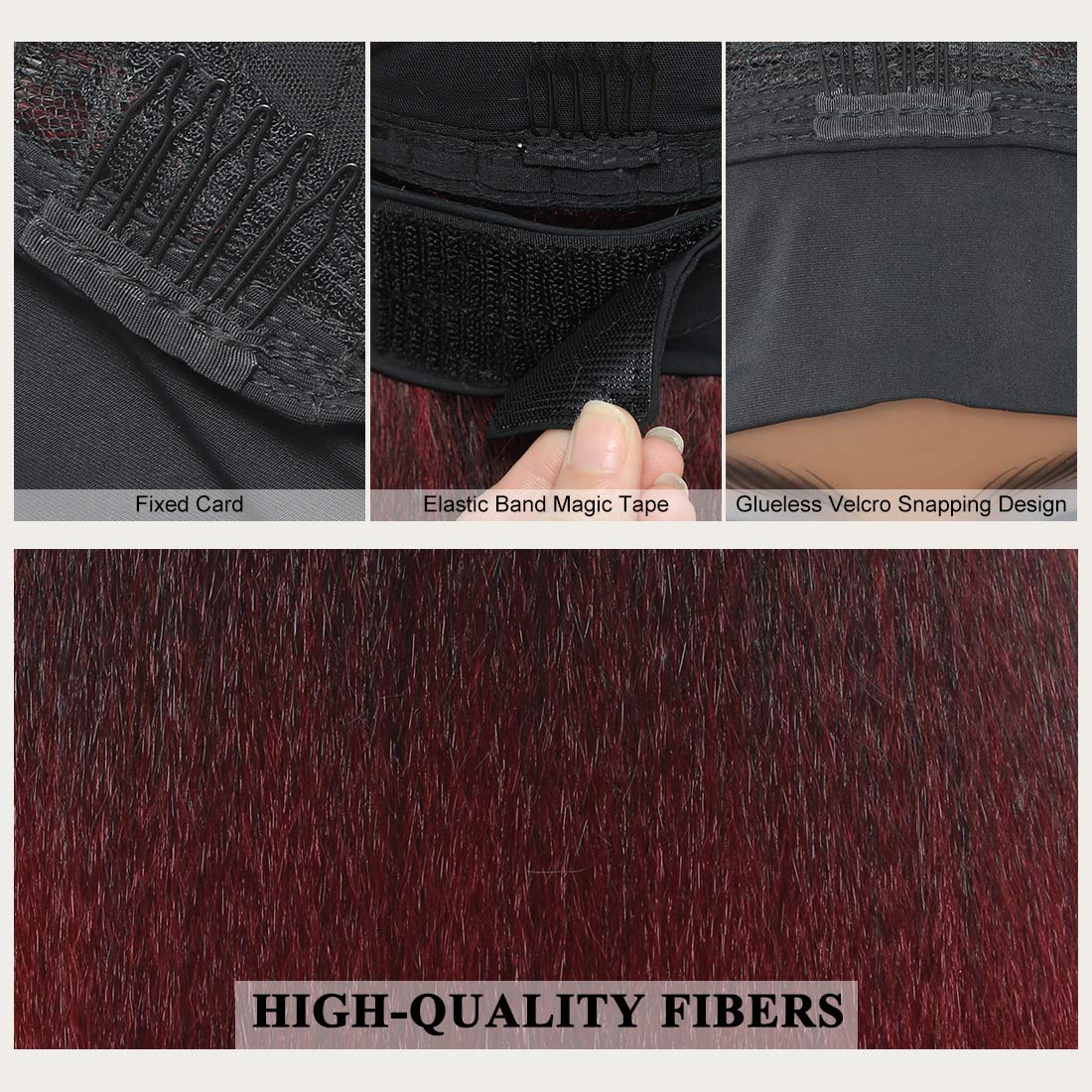 T1B/Bug Black Gradient Wine Red Kinky Straight Long Hair Headband Glueless Wig