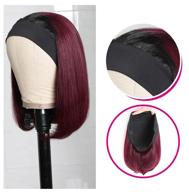 Wine Red Straight Hair Bob Headband Wigs