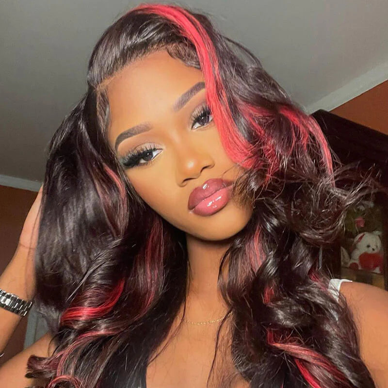 Dark Burgundy With Rose Red Highlights Body Wave HD Lace 13x4 Transparent Lace 180% Density Color Wigs Free Part