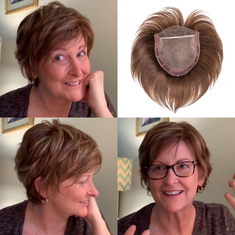 Hight Quality Natural Short Hair Topper with Silk Base & Clip For Thinning Hair