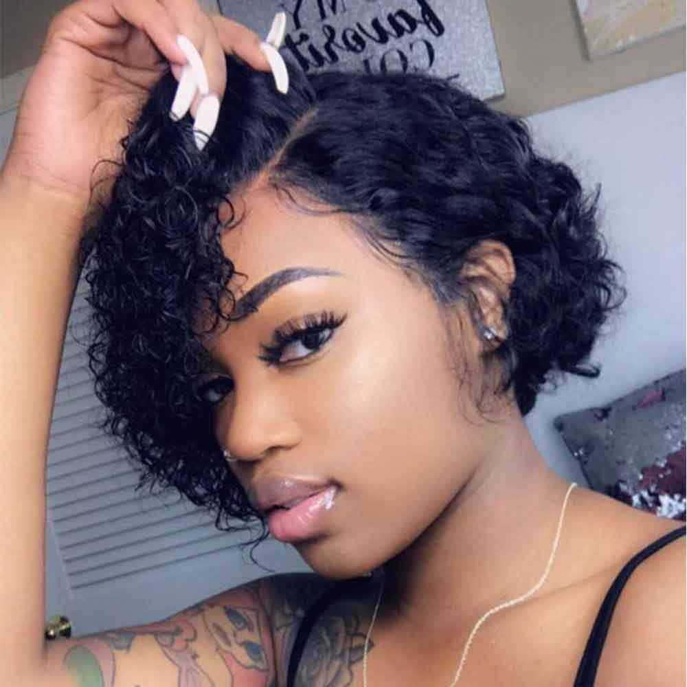 Curly Front Lace  Short Wigs Bob Wigs Remy Brazilian Hair Glueless Lace Frontal Wig For Women Natural Black Hair