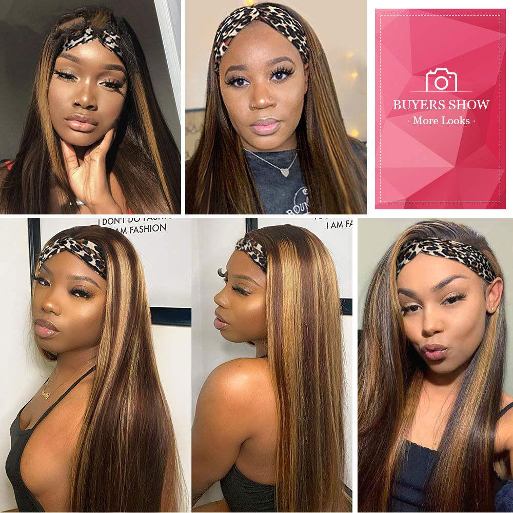 Brown Mixed Gold Long Straight Hair Headband Wig