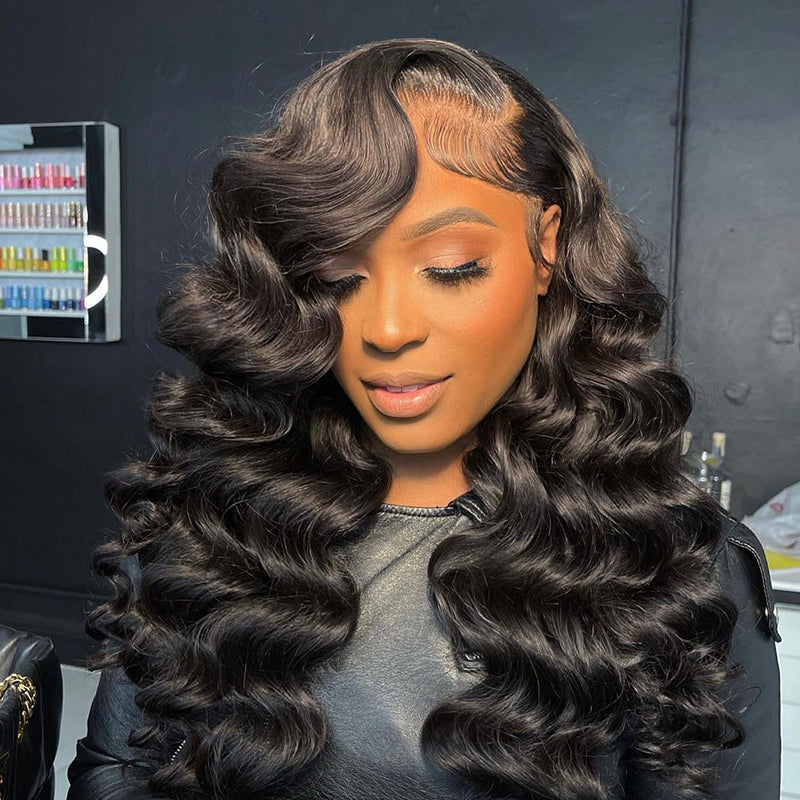 Loose Wave Transparent Lace Pre-cut Lace Frontal Wig Natural Black Color Glueless 13x4 Lace Front