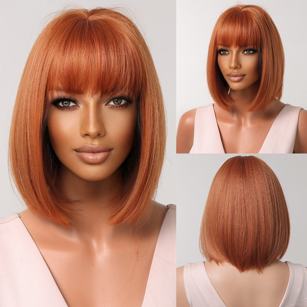 Women Short Brown Blonde Ombre Bob Wigs with Bangs Synthetic Wigs Heat Safe