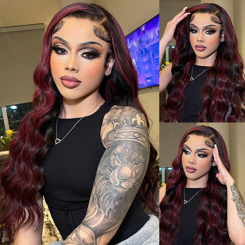 Dark Burgundy With Rose Red Highlights Body Wave HD Lace 13x4 Transparent Lace 180% Density Color Wigs Free Part