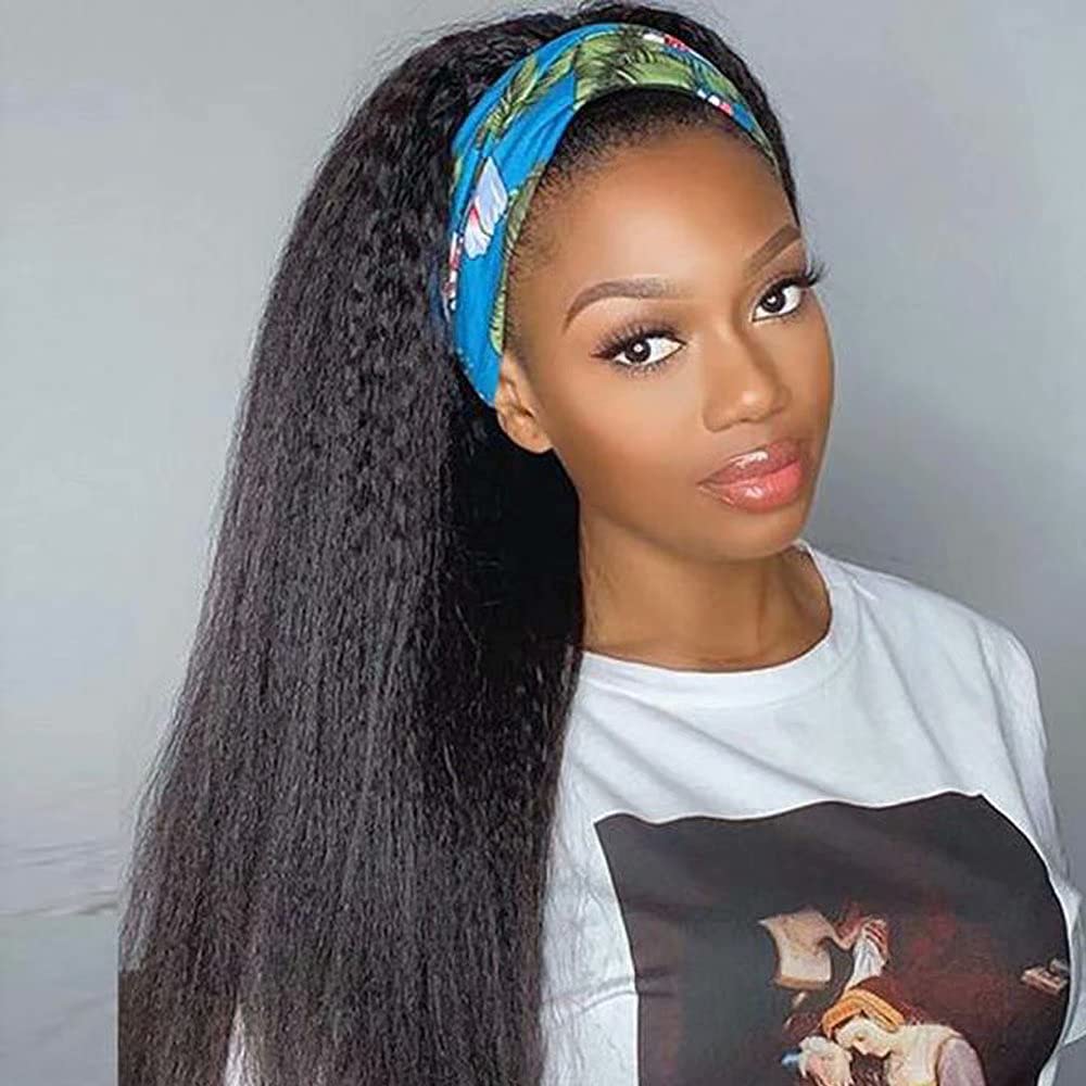 Black Kinky Straight Long Hair Headband Glue Less Wig