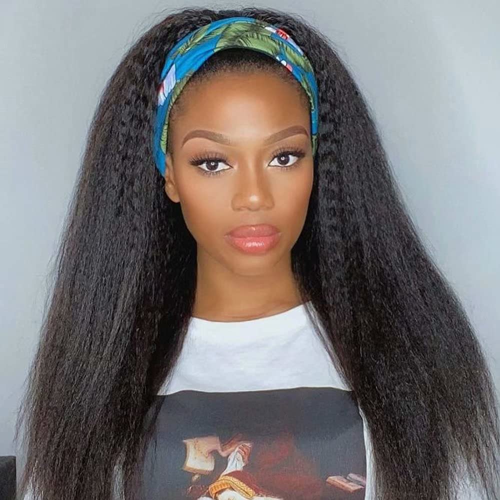 Black Kinky Straight Long Hair Headband Glue Less Wig