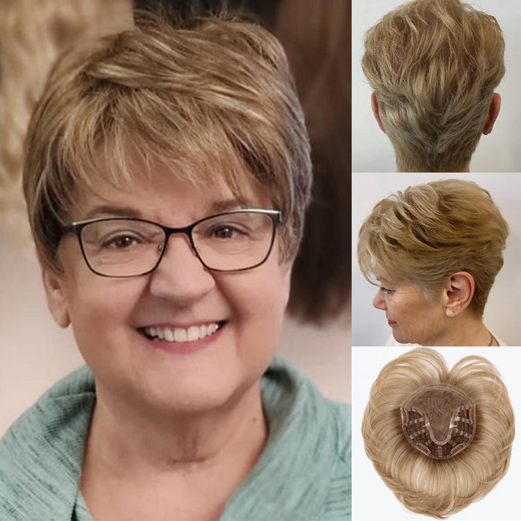 Hight Quality Natural Short Hair Topper with Silk Base & Clip For Thinning Hair