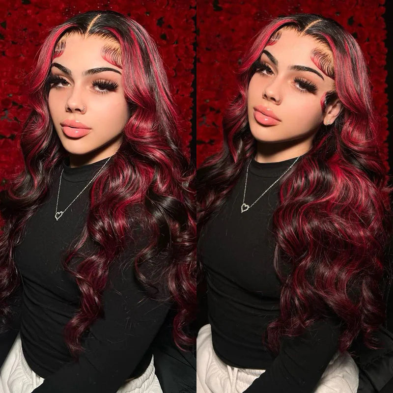 Dark Burgundy With Rose Red Highlights Body Wave HD Lace 13x4 Transparent Lace 180% Density Color Wigs Free Part