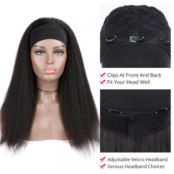 Black Kinky Straight Long Hair Headband Glue Less Wig