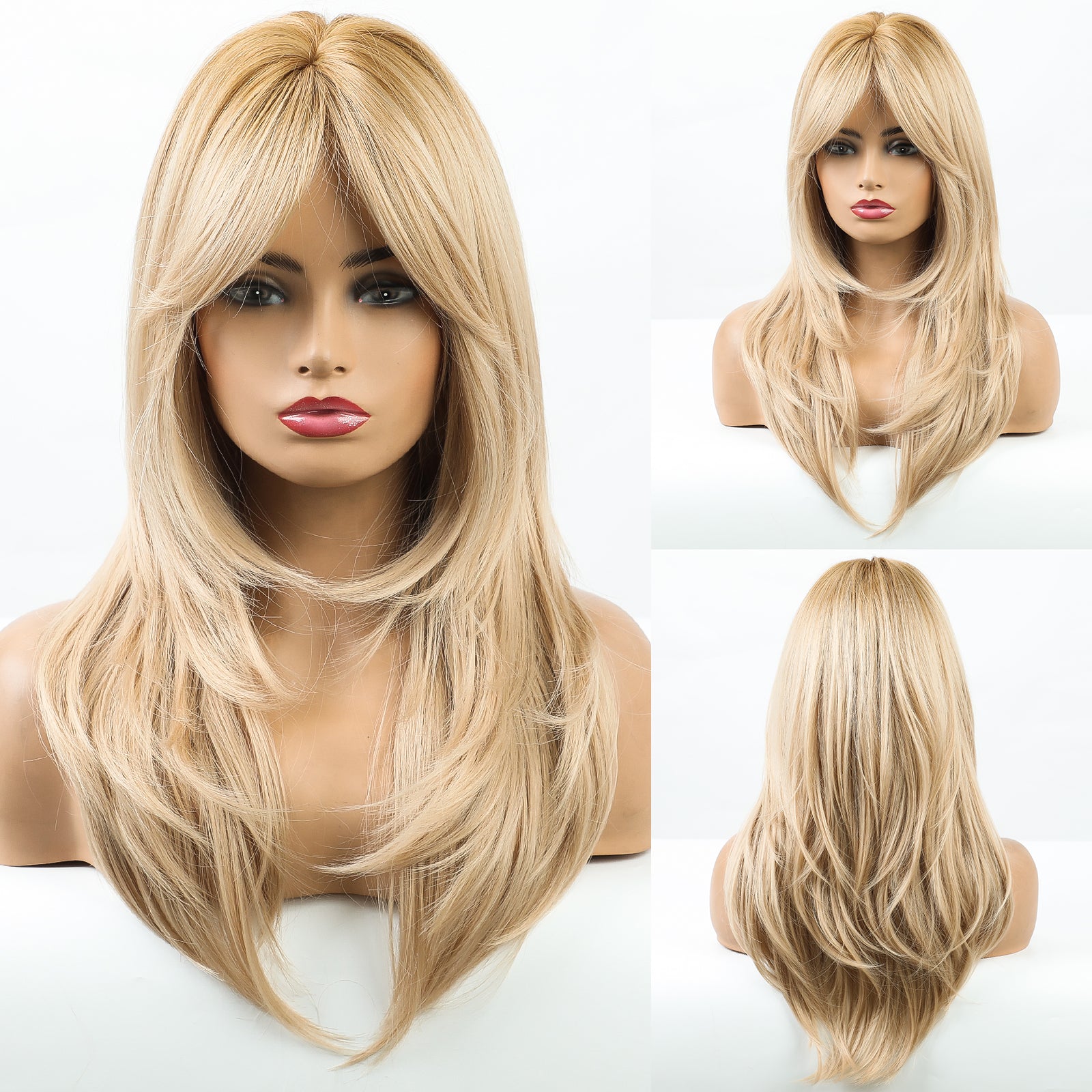 2024 Breathable Light Golden Mid Part Shoulder Straight Hair Wigs Natural Straight