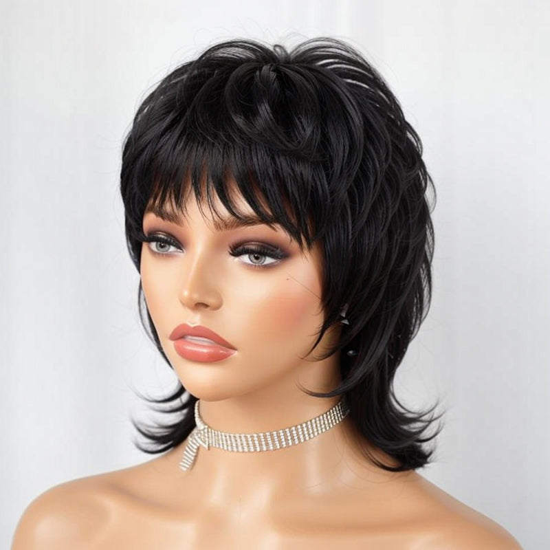 Short Black Wig Shaggy Layered 80s Mullet Wig Pixie Cut Wig With Bangs