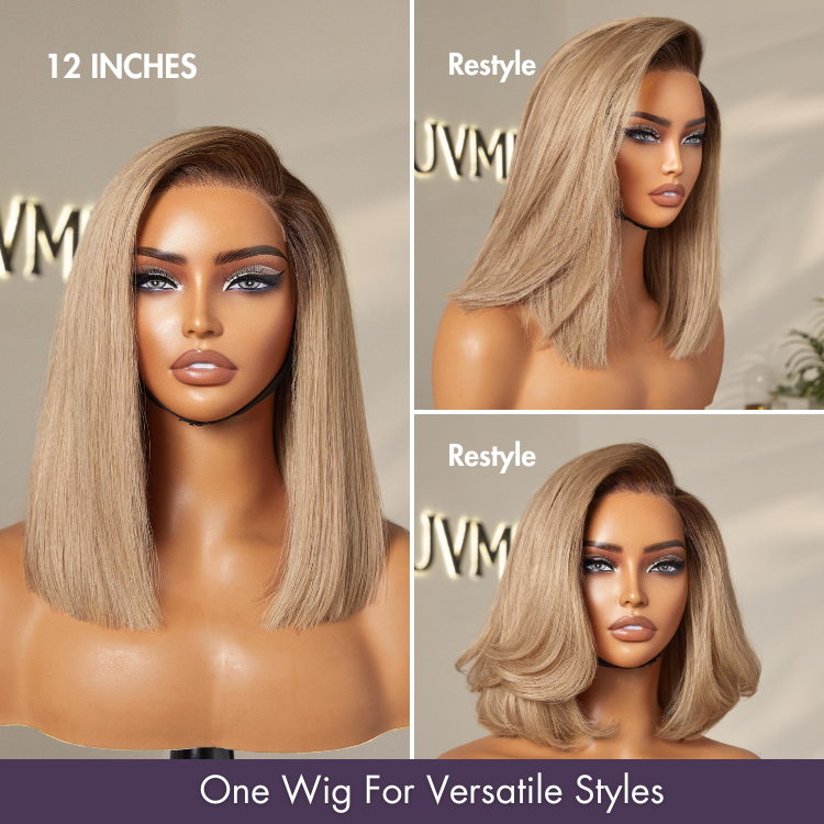 Ash Blonde Ombre / Natural Black Blunt Cut Bob Glueless HD Lace Short Bob Wig