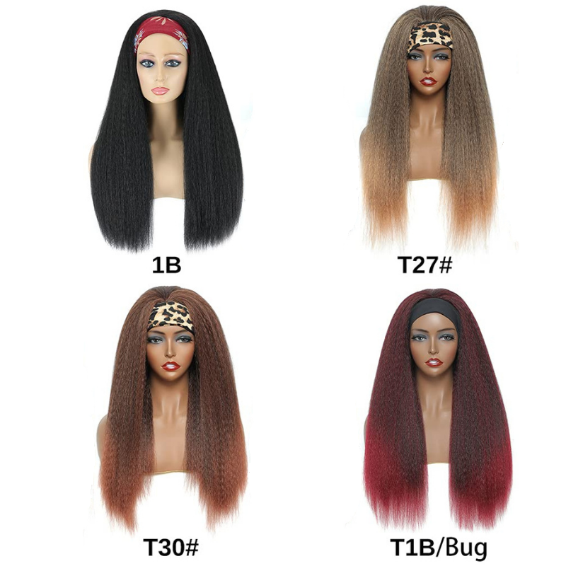 T1B/Bug Black Gradient Wine Red Kinky Straight Long Hair Headband Glueless Wig