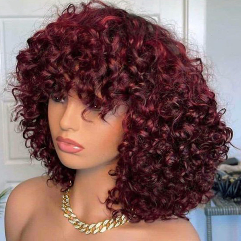 High Density Messy Curly Bob Wig With Bang