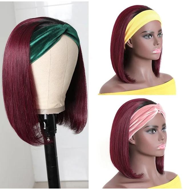 Wine Red Straight Hair Bob Headband Wigs