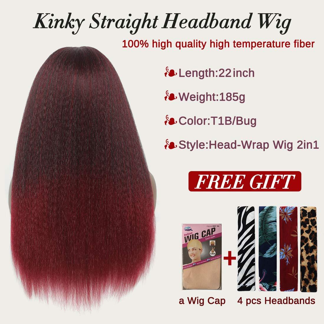 T1B/Bug Black Gradient Wine Red Kinky Straight Long Hair Headband Glueless Wig