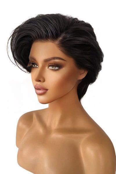 6-10inch Short Natural Side Part Striaght Black Glueless Pixie Cut T Part Lace hair Wigs