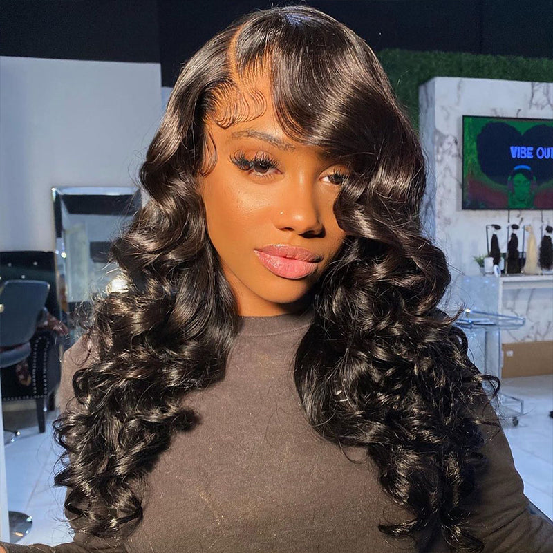 Loose Wave Transparent Lace Pre-cut Lace Frontal Wig Natural Black Color Glueless 13x4 Lace Front