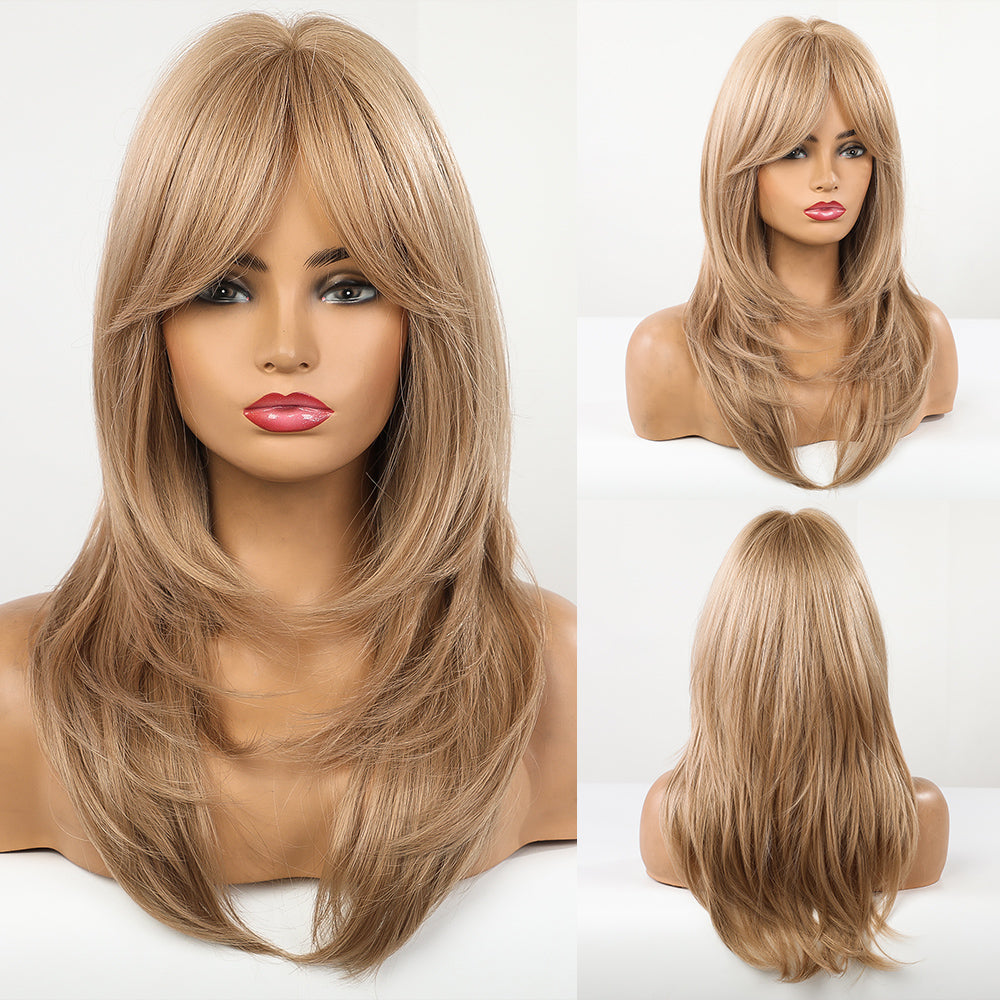 2024 Breathable Light Golden Mid Part Shoulder Straight Hair Wigs Natural Straight