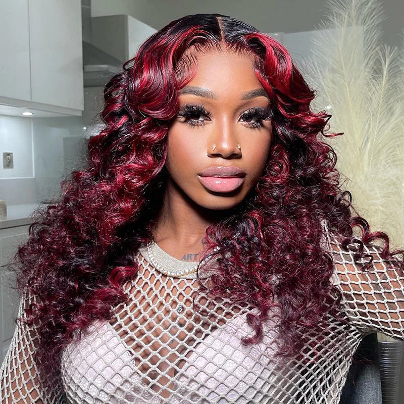 Dark Burgundy With Rose Red Highlights Body Wave HD Lace 13x4 Transparent Lace 180% Density Color Wigs Free Part