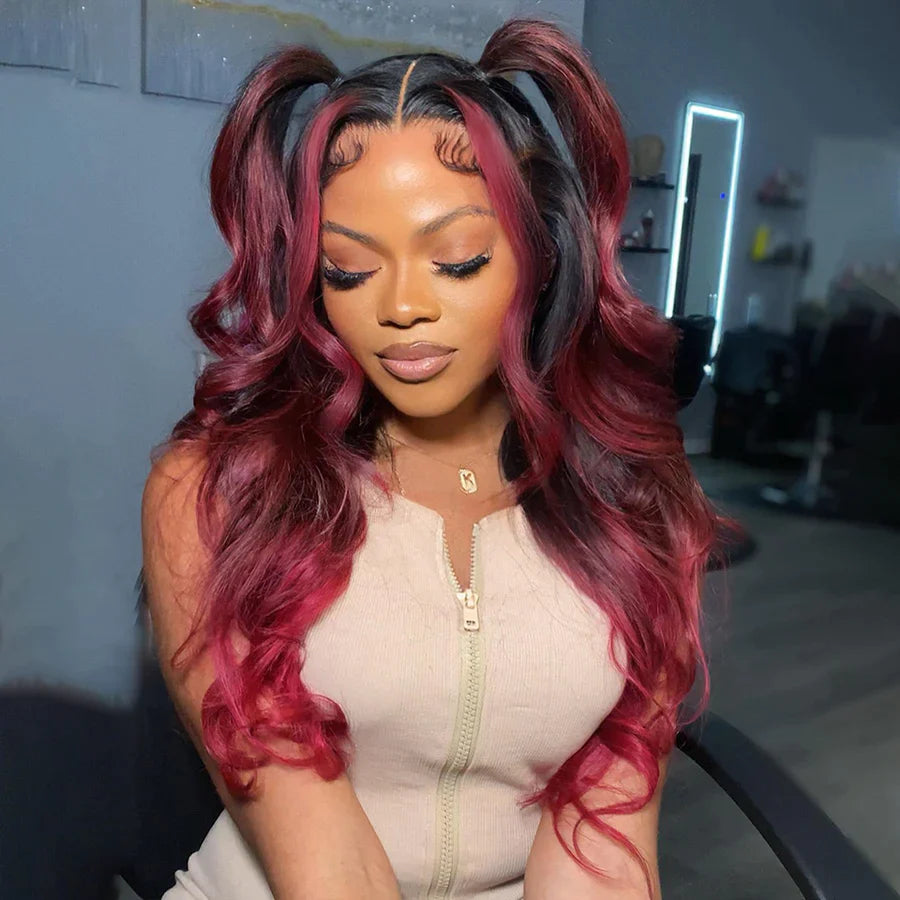 Dark Burgundy With Rose Red Highlights Body Wave HD Lace 13x4 Transparent Lace 180% Density Color Wigs Free Part