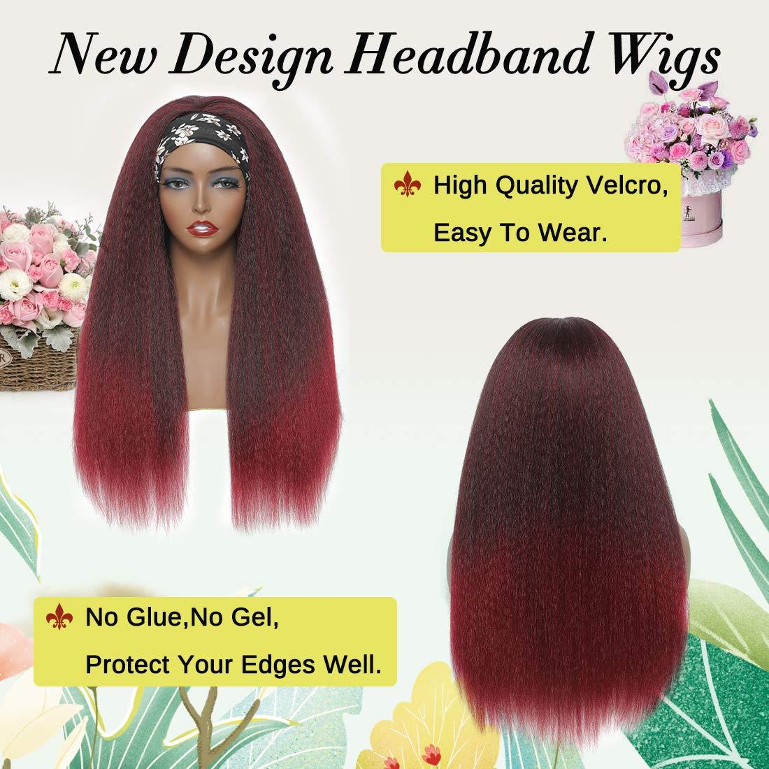 T1B/Bug Black Gradient Wine Red Kinky Straight Long Hair Headband Glueless Wig