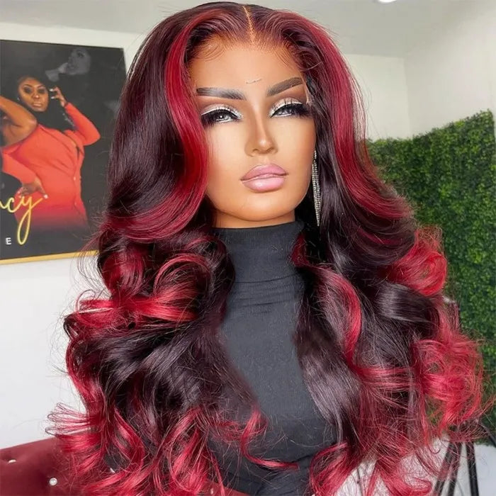 Dark Burgundy With Rose Red Highlights Body Wave HD Lace 13x4 Transparent Lace 180% Density Color Wigs Free Part