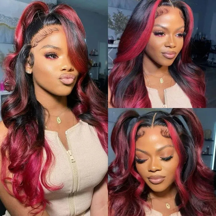 Dark Burgundy With Rose Red Highlights Body Wave HD Lace 13x4 Transparent Lace 180% Density Color Wigs Free Part