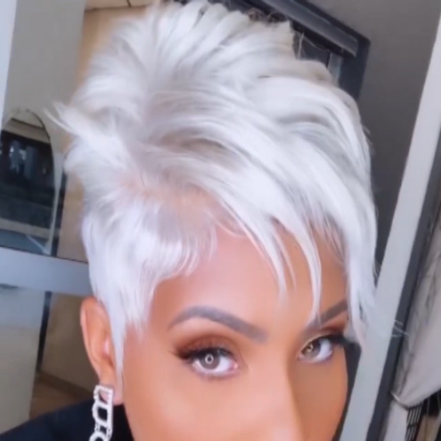 Short White Hair Pixie Cut Wig with Bangs