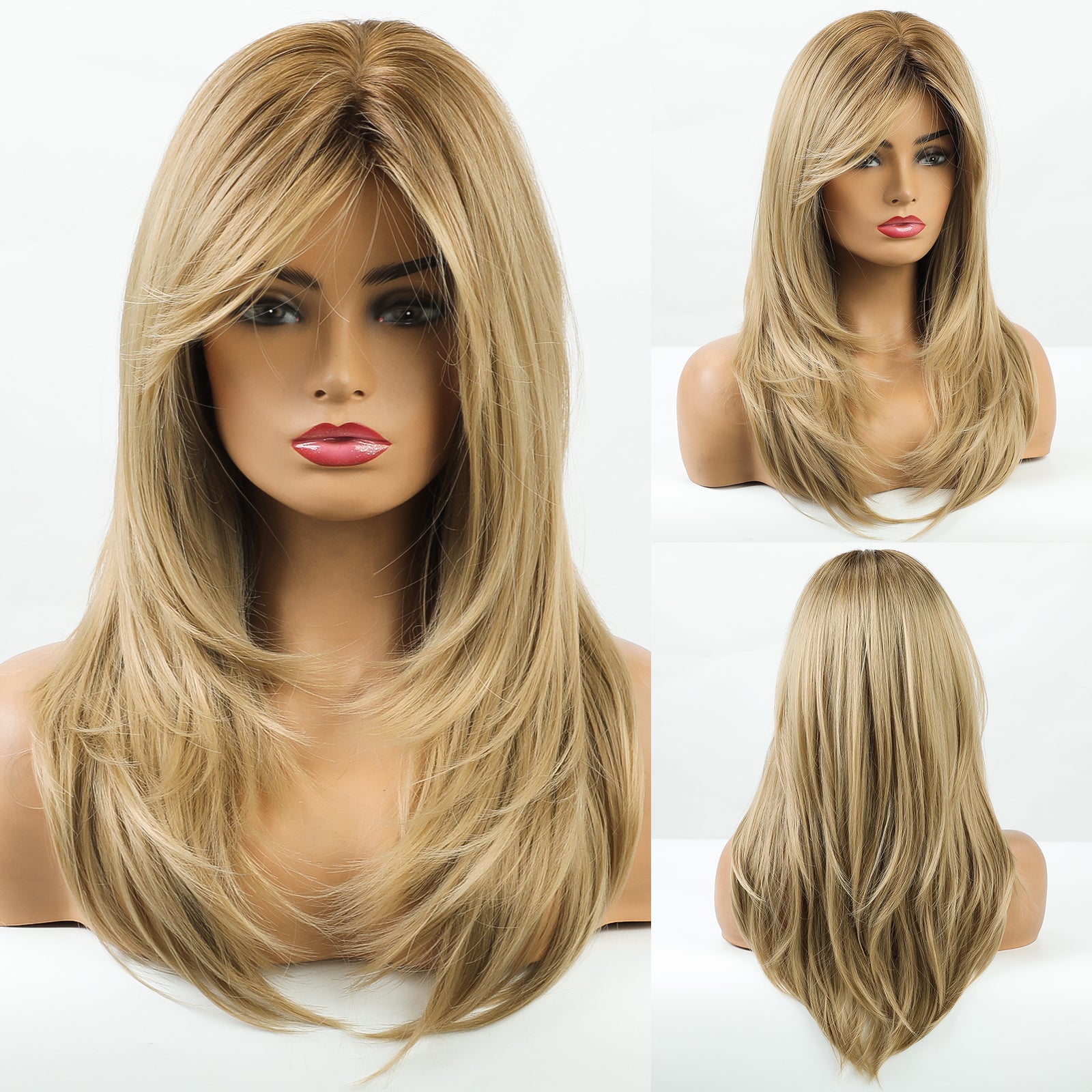 2024 Breathable Light Golden Mid Part Shoulder Straight Hair Wigs Natural Straight