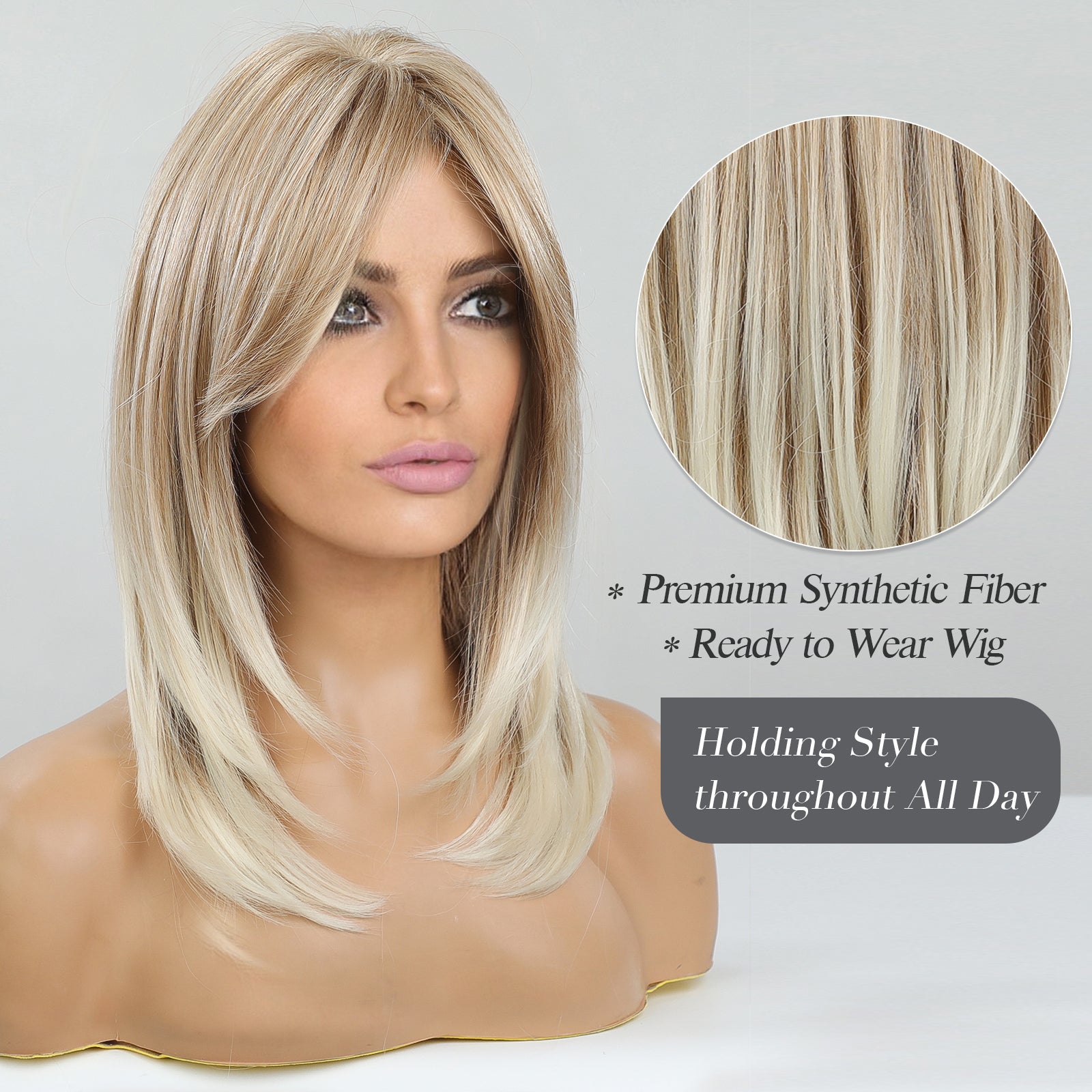 2024 Breathable Light Golden Mid Part Shoulder Straight Hair Wigs Natural Straight