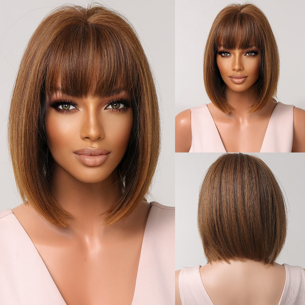 Women Short Brown Blonde Ombre Bob Wigs with Bangs Synthetic Wigs Heat Safe