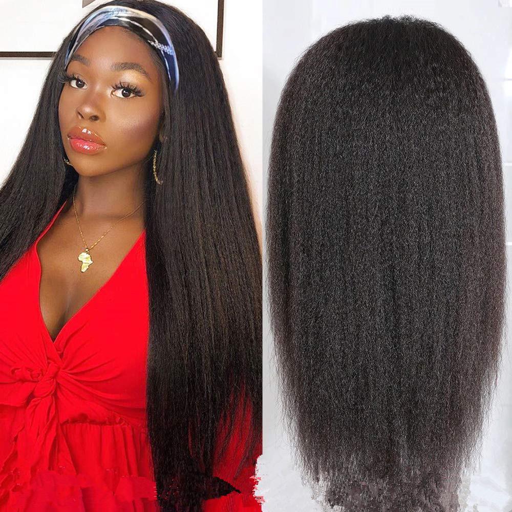 Black Kinky Straight Long Hair Headband Glue Less Wig