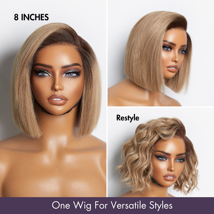 Ash Blonde Ombre / Natural Black Blunt Cut Bob Glueless HD Lace Short Bob Wig