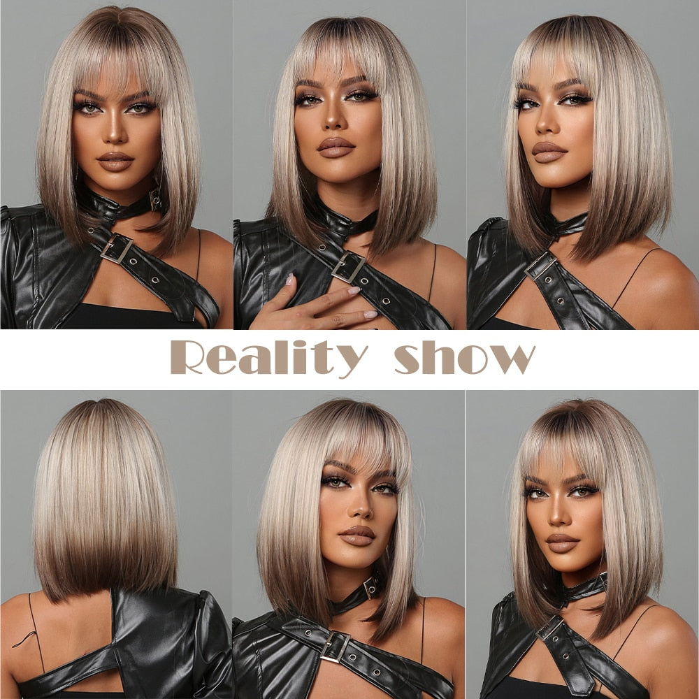 Women Short Brown Blonde Ombre Bob Wigs with Bangs Synthetic Wigs Heat Safe