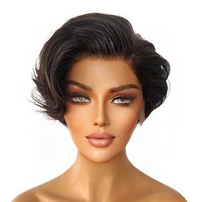 6-10inch Short Natural Side Part Striaght Black Glueless Pixie Cut T Part Lace hair Wigs