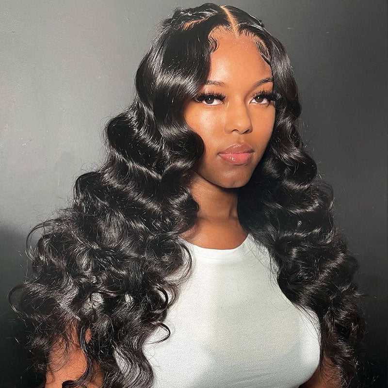 Loose Wave Transparent Lace Pre-cut Lace Frontal Wig Natural Black Color Glueless 13x4 Lace Front