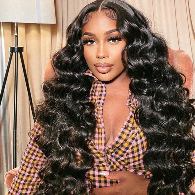 Loose Wave Transparent Lace Pre-cut Lace Frontal Wig Natural Black Color Glueless 13x4 Lace Front