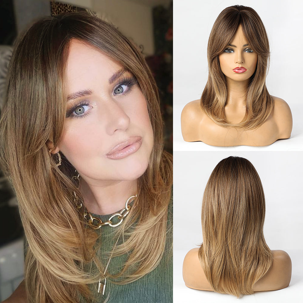 2024 Breathable Light Golden Mid Part Shoulder Straight Hair Wigs Natural Straight