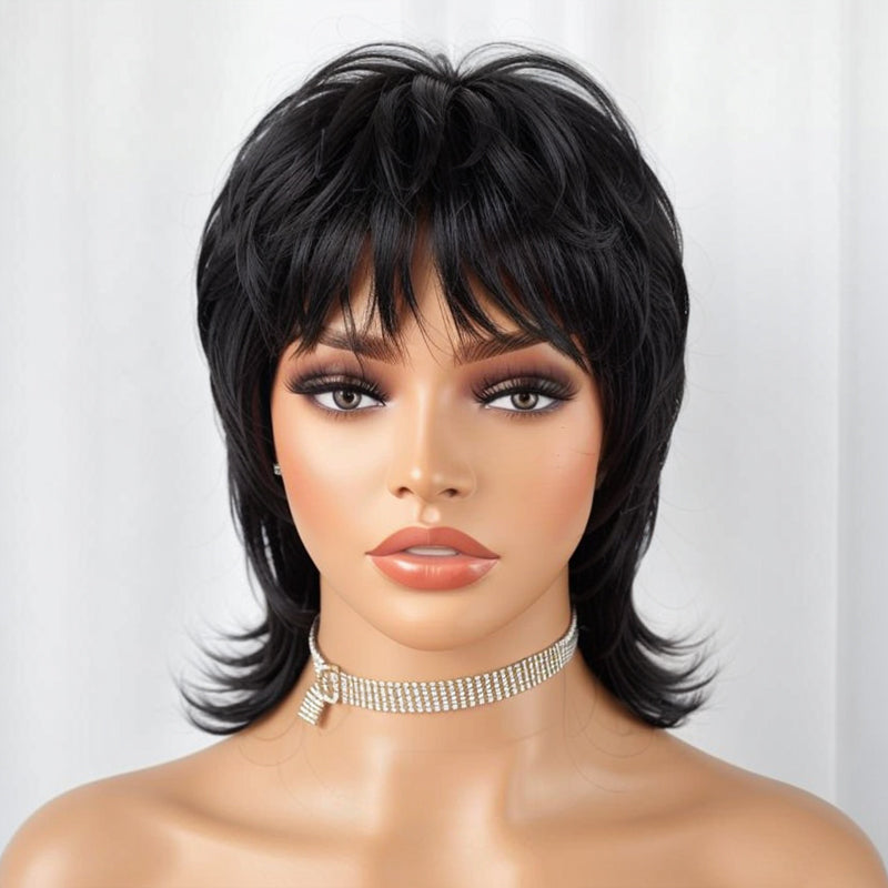 Short Black Wig Shaggy Layered 80s Mullet Wig Pixie Cut Wig With Bangs