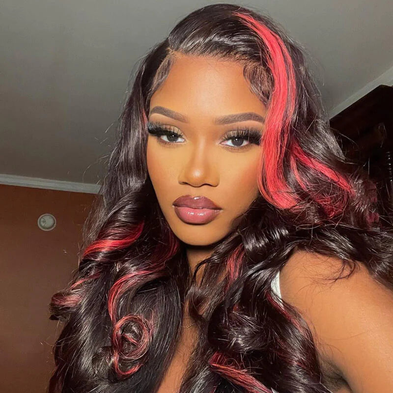 Dark Burgundy With Rose Red Highlights Body Wave HD Lace 13x4 Transparent Lace 180% Density Color Wigs Free Part